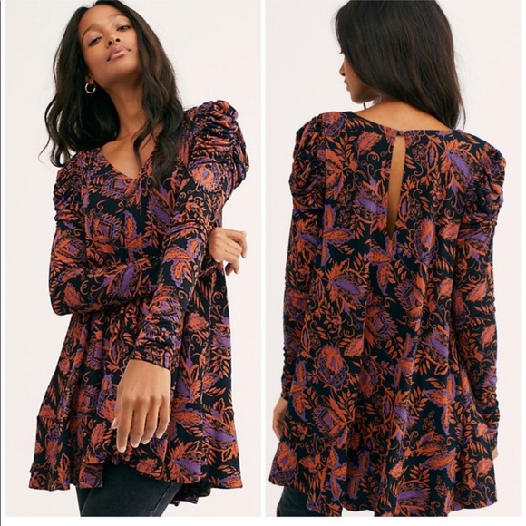Free People Hello Lover Ruched Sleeve Retro Floral Tunic Mini Dress